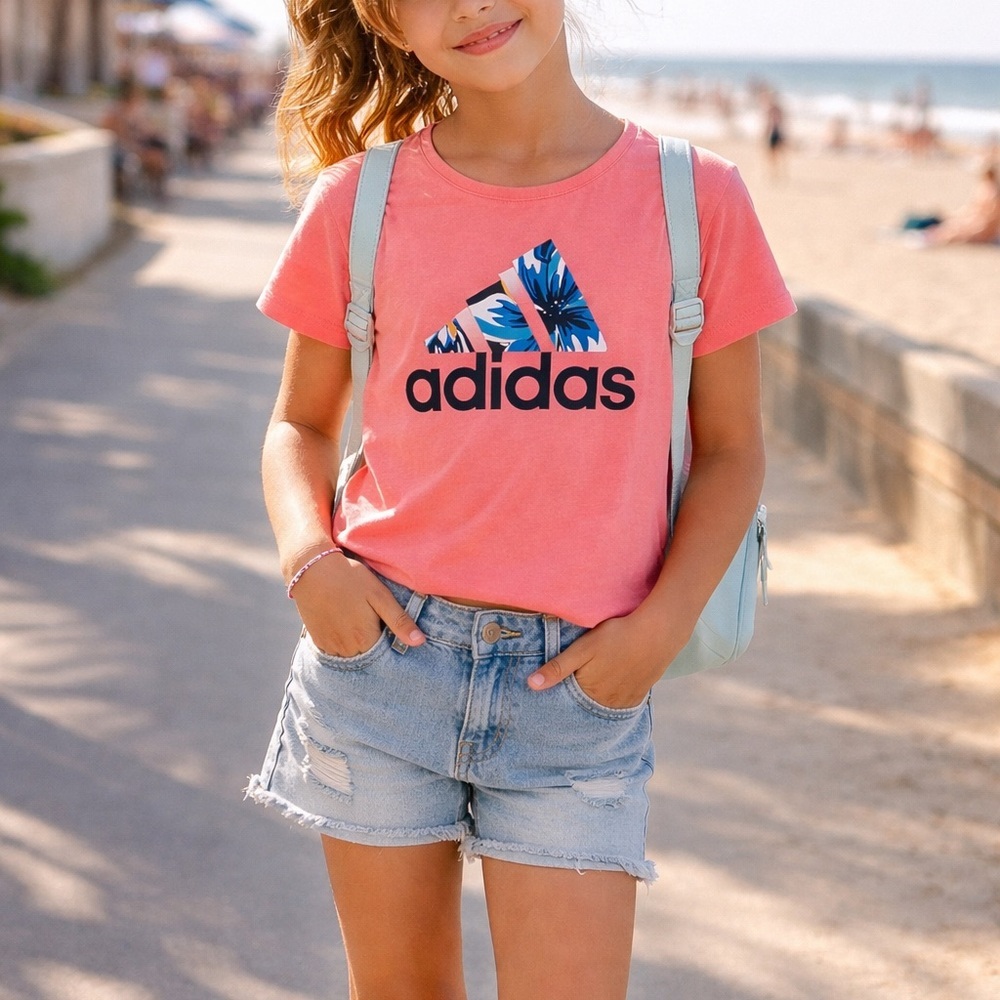 Girls adidas Coral Pink Logo Tee | Short Sleeve Graphic T-Shirt | Youth 7/8